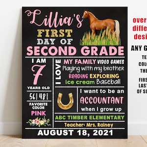 Horse First day of school sign printable, girl back to school chalkboard poster, kindergarten, 1st 2nd 3rd 4th 5th 6th 7th grade Digital