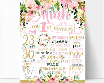 Floral First birthday chalkboard sign, girl pink and gold first birthday board, boho flowers roses, white background, wild one printable 009