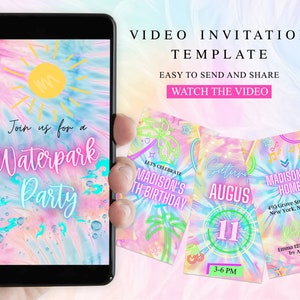 Water park Birthday Party Video Invitation, Editable Animated Tie Dye Glow Neon Splash Pad Summer Water slide Phone Evite, Canva template