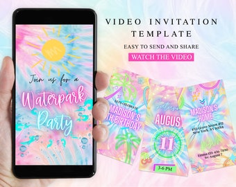 Water park Birthday Party Video Invitation, Editable Animated Tie Dye Glow Neon Splash Pad Summer Water slide Phone Evite, Canva template