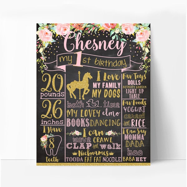 Carousel First birthday chalkboard sign, pink and gold birthday board, any age, white or chalkboard background, printable 003