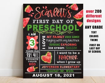 May include: A chalkboard-style first day of preschool sign with a watermelon theme. The sign features the name "Scarlett's" and the text "First Day of Preschool". It also includes details like age, height, weight, favourite colour, and future career aspirations. The sign is decorated with watermelon illustrations.
