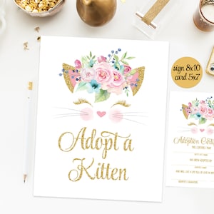 Adopt a kitten sign + certificate, adoption sign, adoption kit, floral cat birthday party favors, digital printable, instant download