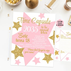 Time capsule first birthday sign, twinkle twinkle little star birthday party, pink and gold first birthday, printable print