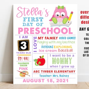 Owl First day of school printable sign Girl back to school white poster 1st day of preschool kindergarten pre-k 1st 2nd 3rd grade photo prop