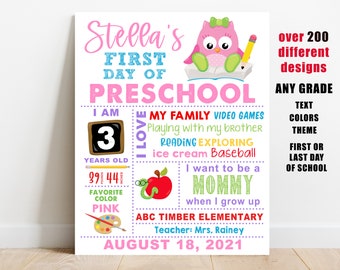 Owl First day of school printable sign Girl back to school white poster 1st day of preschool kindergarten pre-k 1st 2nd 3rd grade photo prop