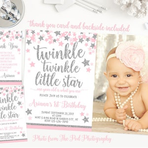 Twinkle twinkle little star eerste verjaardagsuitnodiging, roze en zilveren eerste verjaardagsuitnodiging, eerste verjaardagsuitnodiging meisje