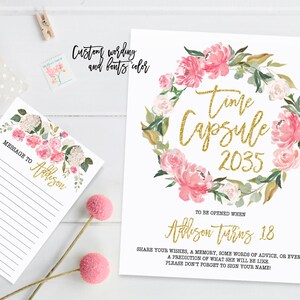 Zeitkapsel Geburtstag Schild mit Karten, Mädchen erste Geburtstagsparty, Blumenkranz, Aquarell Blumen Pfingstrosen, printable Print 006
