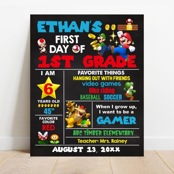 EDITABLE Gamer First or Last day of school sign, Personalized Boy Back to school chalkboard Photo Prop Digital Printable Template Corjl S004