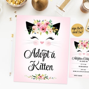 Adopt a kitten sign + certificate, adoption sign, adoption kit, floral cat birthday party favors, digital printable, instant download