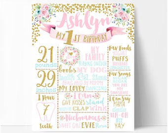 First birthday chalkboard sign, pink and gold birthday board, white or chalkboard background, boho floral first birthday, printable print
