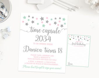 Tidskapselns första födelsedagsskylt, Twinkle Twinkle Little Star födelsedagsfest, rosa mint och silver första födelsedag, utskrivbart tryck