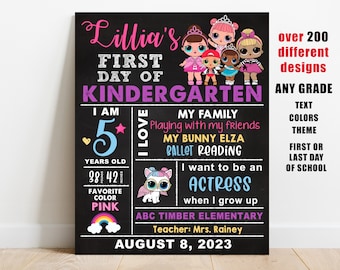 Dolls First or Last day of school sign printable, girls back to school chalkboard, 1st day of Any Grade, kindergarten preschool prek digital