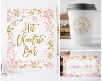 Hot chocolate bar kit printable, winter onederland first birthday party table decor, pink and gold winter wonderland baby shower girl bridal