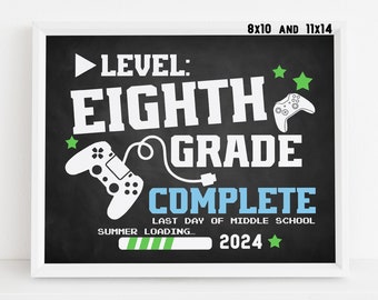 Gamer Last day of 8th grade sign printable, Middle school End of school year 2024 Video game chalkboard poster Digital file Instant download