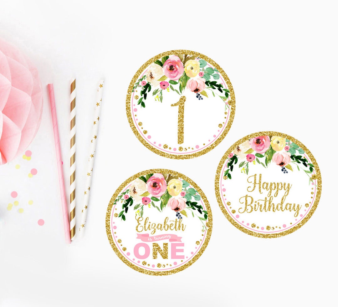 Floral Pink and Gold Cupcake Toppers Printable, Boho First Birthday ...