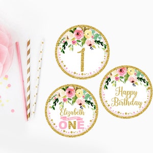 Floral Pink and gold cupcake toppers printable, boho first birthday party tags, baby shower decorations, bohemian sweet 16, No. 009