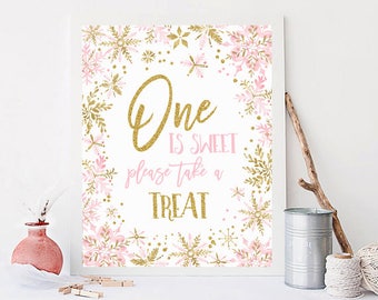 One is sweet please take a treat sign printable, winter onederland first birthday party, pink and gold watercolor snowflakes, party favors