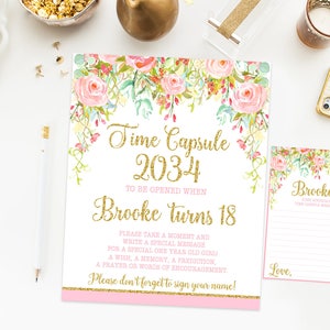 Letrero floral para primer cumpleaños con cápsula del tiempo, fiesta de cumpleaños en tonos rosa menta y dorado, flores de acuarela, primer cumpleaños de niña, impresión imprimible n.º 001