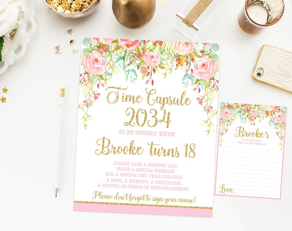 Floral Time capsule first birthday sign, mint pink and gold birthday party, watercolor flowers, girl first birthday, printable print No. 001