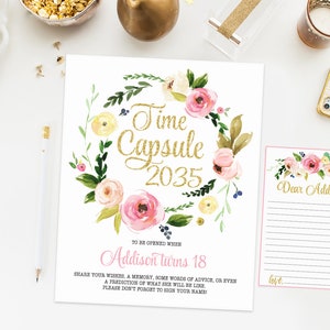 Placa de primeiro aniversário da cápsula do tempo, festa de aniversário floral boho, flores em aquarela, festa de aniversário rosa e dourada, impressão para impressão 009