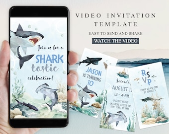 Shark Video Invitation, Editable Phone Invite, Animated Boys Pool Swim Birthday Party Evite, Canva Template, Instant Download