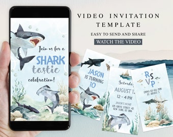 May include: A digital video invitation template for a shark-themed birthday party. The template features a blue and white watercolor background with sharks, fish, and seaweed. The text on the template reads "Join us for a Shark-tastic celebration!" and includes the birthday child's name, age, date, time, and location.