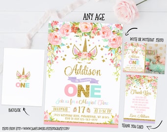 Unicorn invitation, unicorn birthday invitation printable, unicorn invitation with photo, floral unicorn first birthday, pink gold and mint