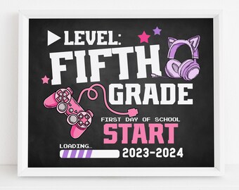 Girl gamer First day of 5th grade sign printable, Back to school photo prop 2023, Video game chalkboard sign, 1st day of 5th grade poster