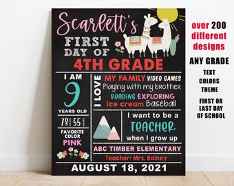 Llama First day of school sign printable, girl back to school chalkboard, preschool, kindergarten, pre-k, 1st 2nd 3rd 4th 5th grade, digital