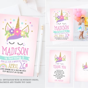 Eenhoorn uitnodiging, eenhoorn verjaardagsuitnodiging, eenhoorn uitnodiging met foto, regenboog eenhoorn eerste verjaardagsfeestje, pastel eenhoorn gezicht