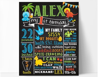 Letrero de pizarra para el primer cumpleaños, fiesta del primer cumpleaños de dinosaurio, tablero de cumpleaños de niño, póster de hitos, imprimible