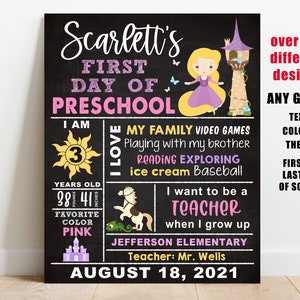 Princess First day of school printable sign, girl back to school chalkboard poster, preschool, kindergarten, pre-k photo prop, any grade
