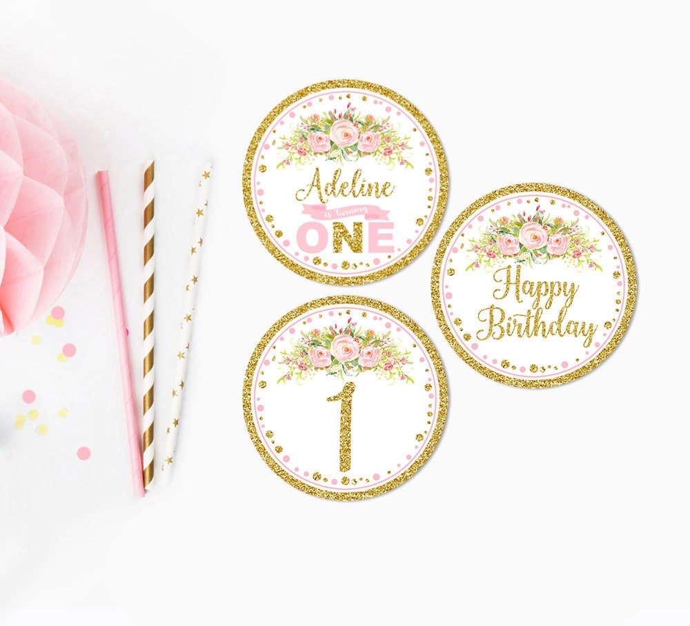Pink and Gold Cupcake Toppers Printable Boho Floral First - Etsy