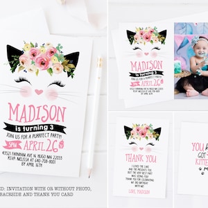 Verjaardagsuitnodiging voor kitten, uitnodiging voor kat, uitnodiging voor kitten, kattengezicht met bloemen, bedankkaart voor kitten, uitnodiging met foto