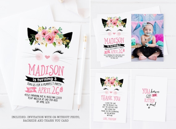 Kitten birthday invitation, cat invitation, Kitty invitation, floral cat face, kitten thank you card, invitation with photo