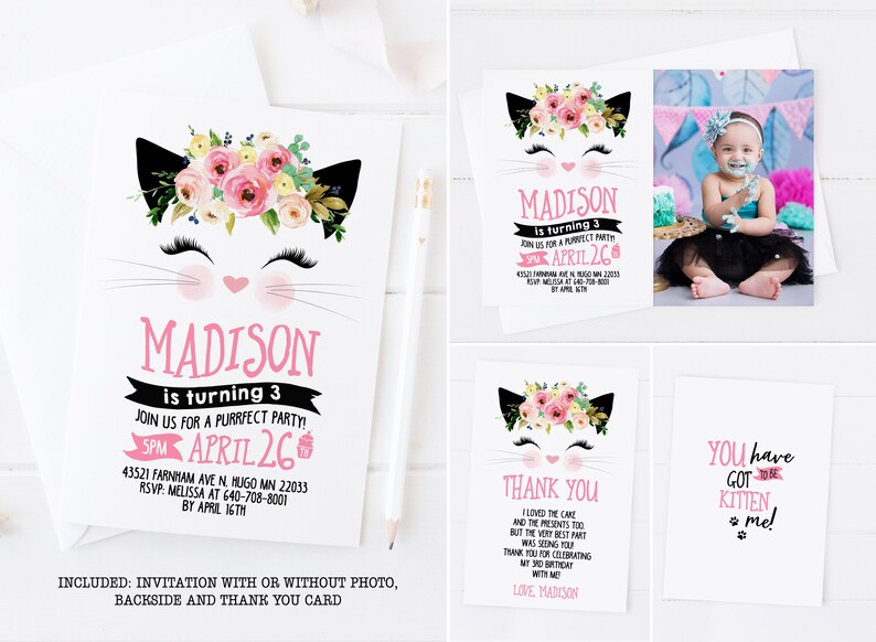 Puede incluir: Conjunto de invitaciones imprimibles para una fiesta de cumplea&ntilde;os de 3 a&ntilde;os con tem&aacute;tica de gato. La invitaci&oacute;n presenta un gato blanco con flores rosas y el texto "Madison cumple 3 a&ntilde;os". La tarjeta de agradecimiento presenta un dise&ntilde;o de gato similar con el texto "Gracias".