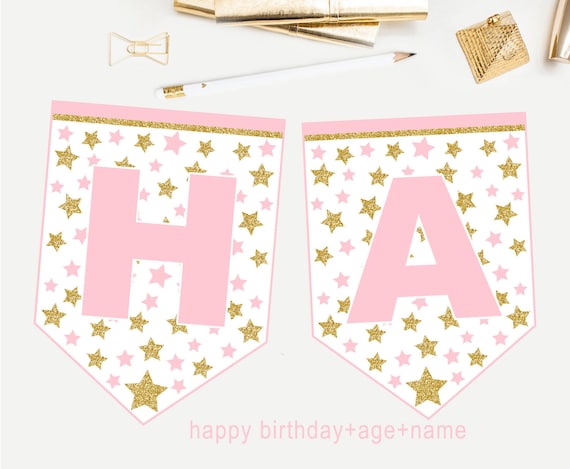 light pink and gold birthday party bunting printable print happy birthday banner Twinkle twinkle little star First birthday banner