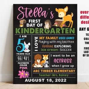 Woodland animals First day of school sign printable, girl back to school chalkboard, kindergarten, preschool pre-k 1st 2nd 3rd 4th 5th grade