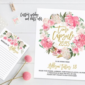 Cápsula do tempo primeiro aniversário placa com cartões, menina primeiro aniversário festa, coroa de flores, aquarela flores peônias, impressão para impressão 006
