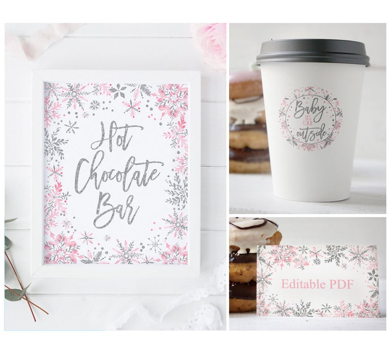 Hot chocolate bar kit printable winter onederland first birthday party table decor pink and silver winter wonderland baby