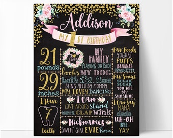 First birthday chalkboard sign, pink and gold birthday board, white or chalkboard background, boho floral first birthday, printable print