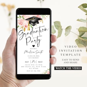 Faire-part de remise des diplômes vidéo floral, faire-part minimaliste, faire-part de finissants animé, invitation à une fête des finissants, modèle modifiable téléchargement immédiat