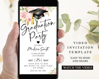 Floral Graduation Video Invitation, Minimalist Invite, Animated Grad Announcement, Grad Party Evite, Editable Template Instant Download