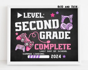 Last day of 2nd grade sign printable, Gamer Girl End of school year 2024 Video game chalkboard poster Digital file Instant download