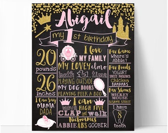 Princess First birthday chalkboard sign, girl royal pink and gold birthday board, white or chalkboard background, printable