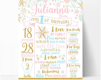 Winter onederland first birthday milestone sign, girl pink blue and gold first birthday board, winter onederland birthday poster,printable