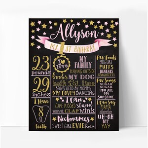 First birthday chalkboard sign, girl twinkle twinkle little star pink and gold birthday board, white or chalkboard background, printable