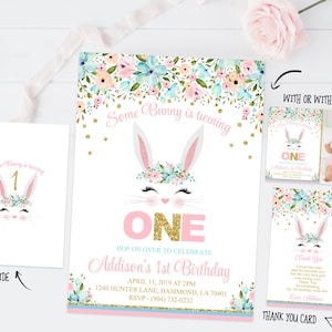 Any Age Some bunny is one uitnodiging, roze en gouden konijnenverjaardagsuitnodiging, bloemen eerste verjaardagsuitnodiging, bedankkaart konijntje 008