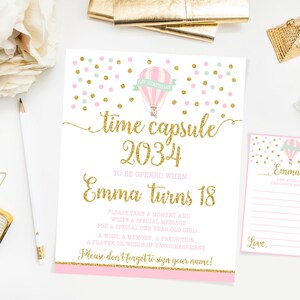Bordje eerste verjaardag tijdcapsule met tekstkaartjes, verjaardagsfeestje heteluchtballon, oh the places she'll go, roze en goud, afdrukbare print